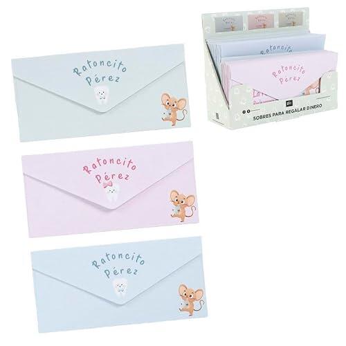 Sobres Ratoncito Pérez x3 Modelos 10x15 cm para Dinero | Lote de 3 unidades en colores azul, rosa y blanco, con cierre de diente. Ideales para regalar dinero por la caída de dientes.