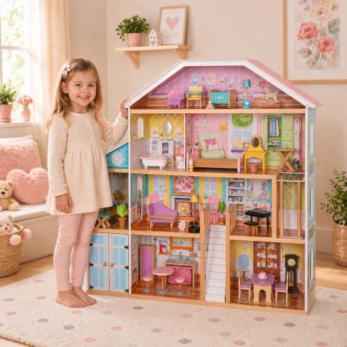 Rijoka casa de muñecas de madera señorial Villa XXL | Juego de muebles (28 piezas, 4 niveles, 98 x 32 x 123 cm)