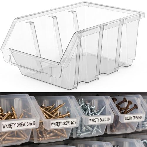 botle 10 cajas clasificadoras transparentes de 155 x 105 x 70 mm, polipropileno resistente, apilables, con gancho para colgar y campo de rotulación para tornillos, clavos, herramientas y piezas
