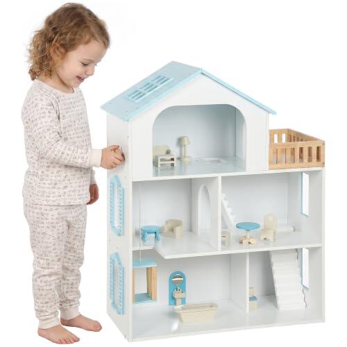 AIYAPLAY Casa de Muñecas de Madera 3 Pisos con Ascensor 5 Habitaciones Azul | 13 Muebles, Casita de Muñecas para Niñas, con Balcón, Juguete de Imitación para Niños de 3 a 6 Años