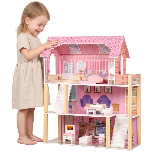 AIYAPLAY Casa de Muñecas de Madera 3 Pisos Balcón Escaleras 10 Muebles Rosa | Casita de Muñecas para Niñas, Juguete de Imitación, Regalo para Niños de 3 a 6 Años