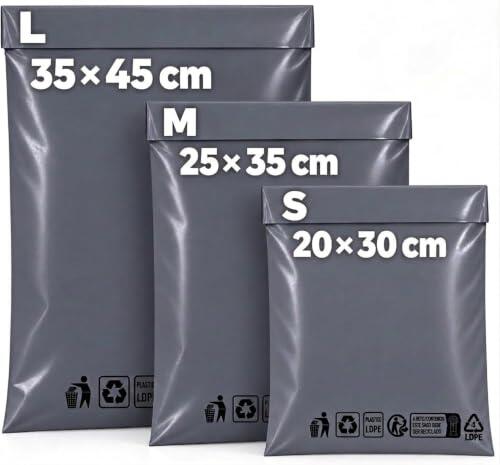EDIESI, Bolsas Envío Vinted, Pack 30 Uds, Gris Oscuro, 3 Tamaños (20x30, 25x35, 35x45 cm), Sobres Opacos Autoadhesivos para Envíos y Paquetería