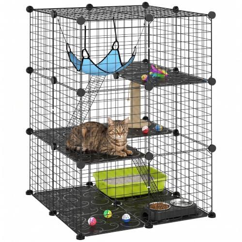 PawHut Jaula para Gatos Interior de 3 Niveles con Hamaca 70x70x105 cm Negro | Recinto de Acero para Gatos, 3 Puertas, 2 Escaleras, Diseño Modular Personalizable, Parque para Animales Pequeños