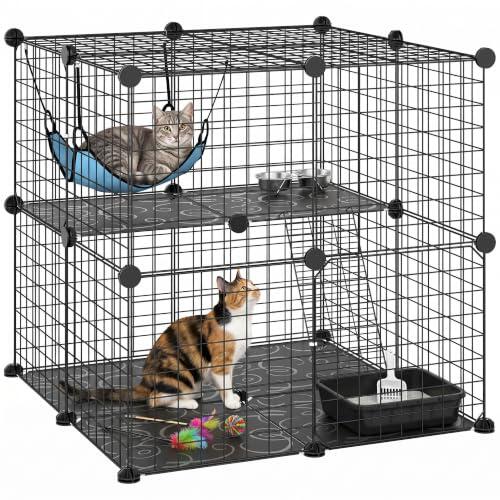 PawHut Jaula para Gatos Interior de 2 Niveles con Hamaca 70x70x70 cm Negro | Recinto de Acero para Gatos, 2 Puertas, Escalera, Diseño Modular Personalizable, Parque para Animales Pequeños