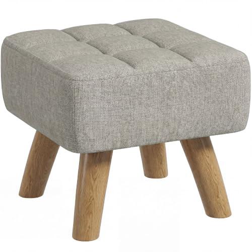 HOMCOM Reposapiés Moderno capitoné de Tela Efecto Lino, marrón Claro | Patas de madera de caucho, reposapiés, asiento acolchado, para salón, dormitorio o recibidor