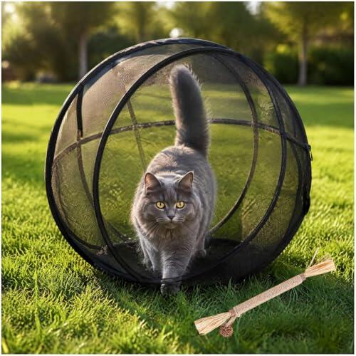 Bola de corralito Gato rodante emergente panorámica de 360 ° (Negro) | Recinto de Bola para Gatos al Aire Libre con Cremallera Rodante, Malla Transpirable Plegable, Para Césped Y Patio Trasero