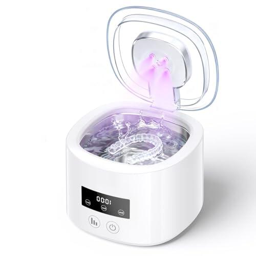 Limpiador Ultrasonidos Dental 50000Hz, Retainer Cleaner con 4 UV-Blanco | 4 UV para Esterilización,230ML ,3 Modos Ultrasonic Retainer Cleaner para Dentaduras, Retenedores, Alineadores y Joyas