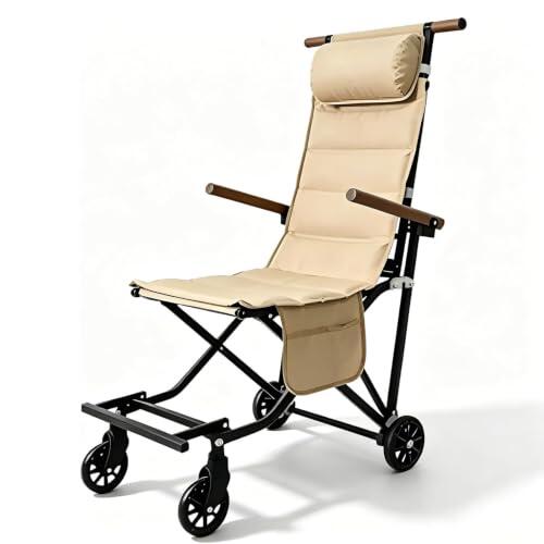 SHEUAO Carrito Silla Plegable con Ruedas y Respaldo Reclinable Beige | Silla multifunción para camping, viajes y ocio con asiento acolchado cómodo