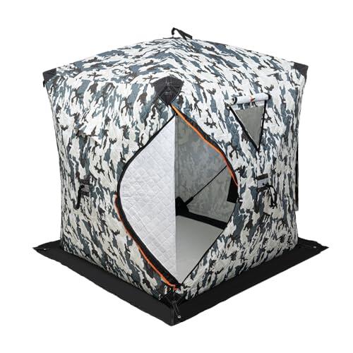 Tienda de pesca sobre hielo aislada para 2 personas, refugio de pesca de | 210D Oxford Algodón 120g Camuflaje, Puerta y Ventanas Cremalleras Observación Piscis, Anclajes de Hielo Incluidos