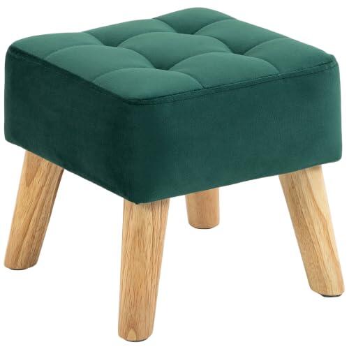 HOMCOM reposapiés capitoné de terciopelo, patas de madera, verde oscuro | Reposapiés con asiento acolchado, para salón, dormitorio o recibidor